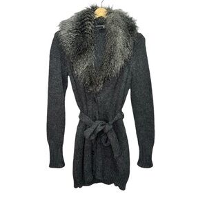 Esprit Faux Fur Collar Wrap Grey Knit Cardigan Belted Size Small